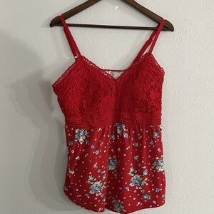 No Boundaries Babydoll Lace Top Red Floral Adjustable Straps Juniors Size 15/17